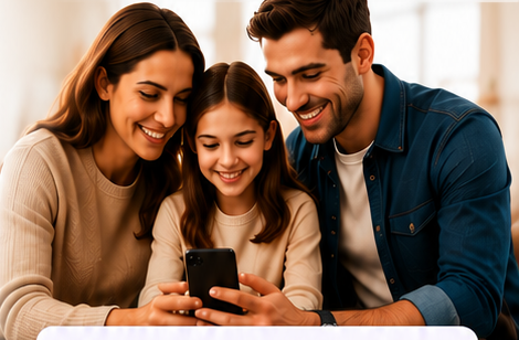 Familia revisando Cursapp desde un tel&eacute;fono